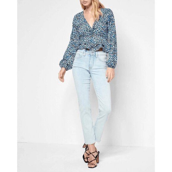 Express Blue Floral Long-Sleeve Cropped Blouse With Ruched Bust Size Large - Picture 1 of 15